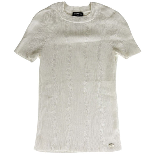 Chanel CC Logo Knit Short Sleeve Top White Sweater