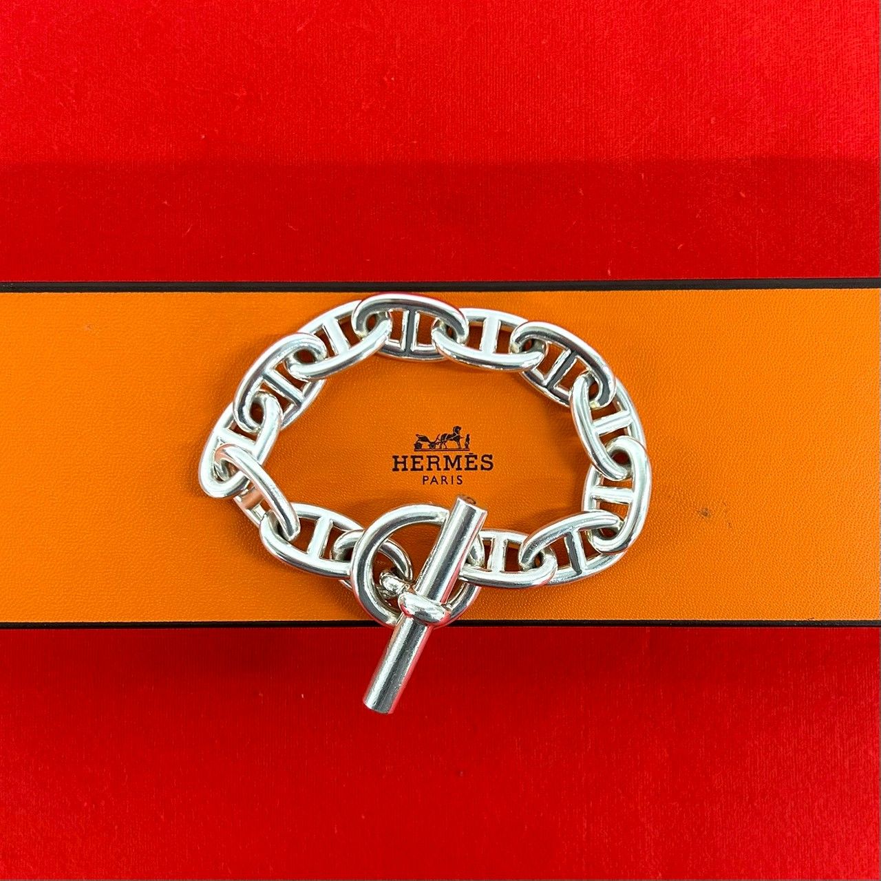 Hermes Chaine D'ancre TGM 12 Links 925 Sterling Silver Chain Bracelet 0424