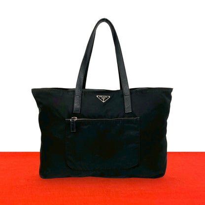 Prada Tessuto Nylon Leather Tote Shoulder Bag Black