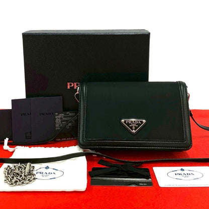 Prada Triangle Logo Nylon Leather 2-Way Chain Shoulder Bag Black