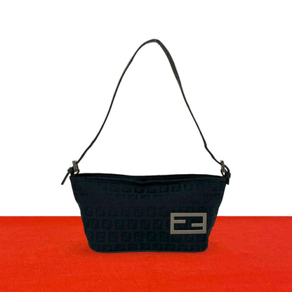 Fendi Zucchino Pattern Canvas Leather Shoulder Bag Pouch Black