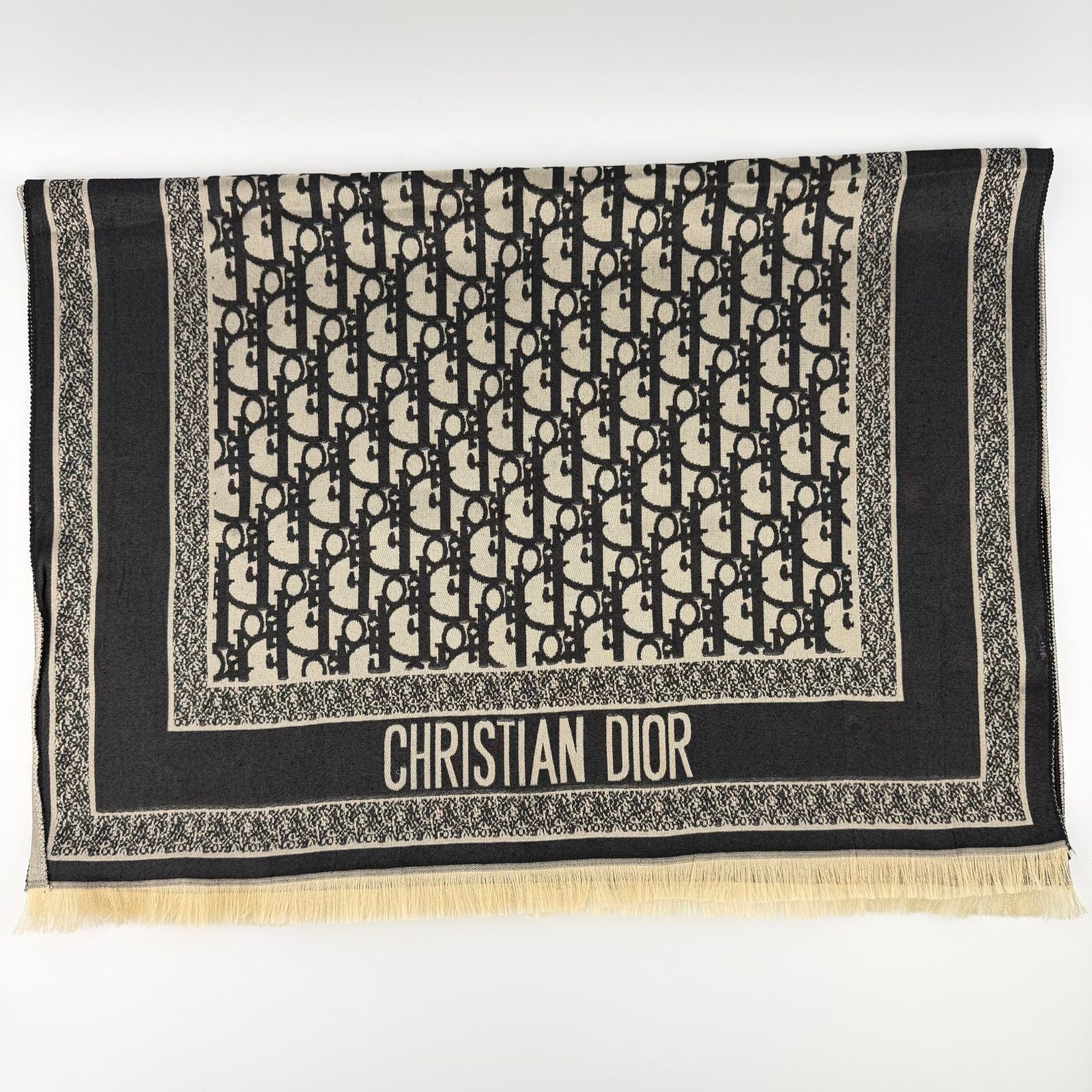 Dior le Shawl Black Beige Cashmere Silk Vintage Scarf — view 2