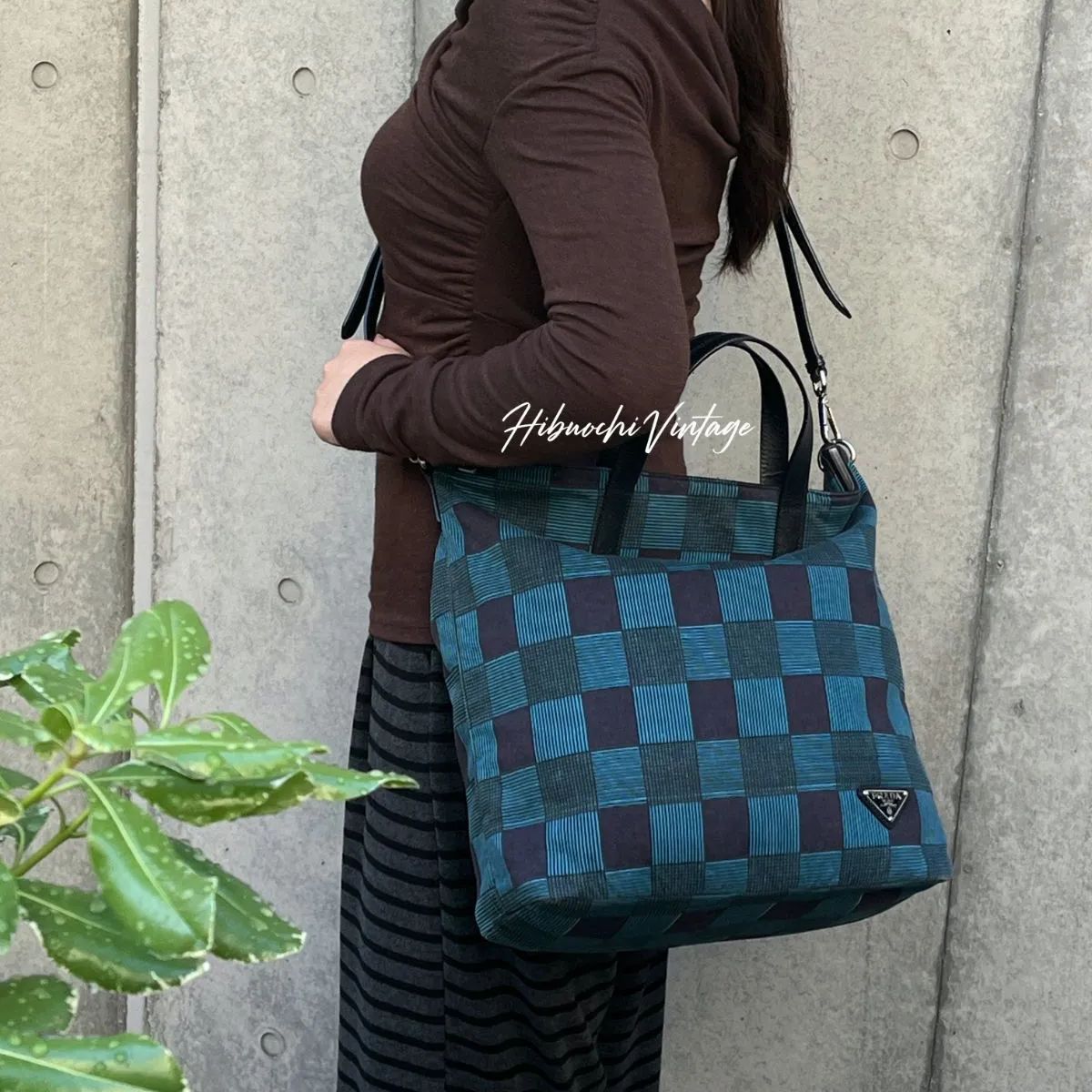 Prada Shoulder Bag Black Blue Canvas Vintage