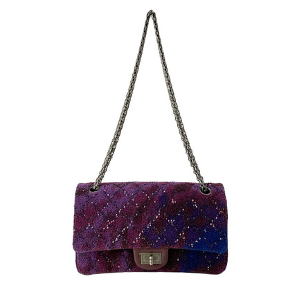 Chanel Shoulder Bag 2.55 Double Flap Quilted Purple Bordeaux Navy Wool Lambskin