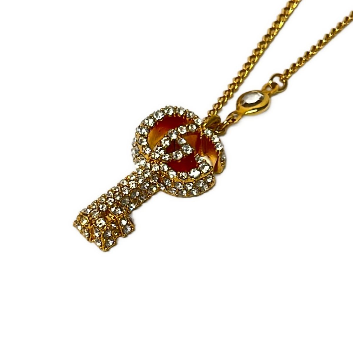 Gucci Necklace Double Key Gold Clear Key Line Stone