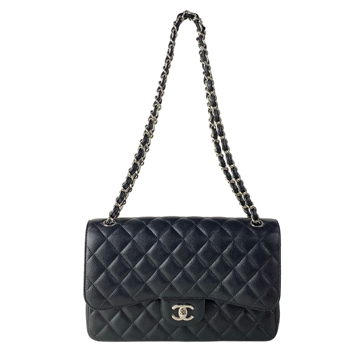 Chanel Shoulder Bag Big Quilted Black Double Flap Silver Chain