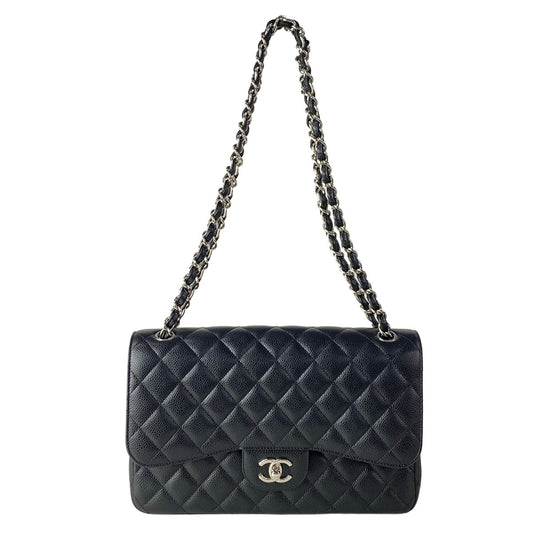 Chanel Shoulder Bag Big Quilted Black Double Flap Silver Chain