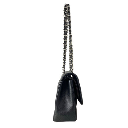 Chanel Shoulder Bag Big Quilted Black Double Flap Silver Chain — view 2