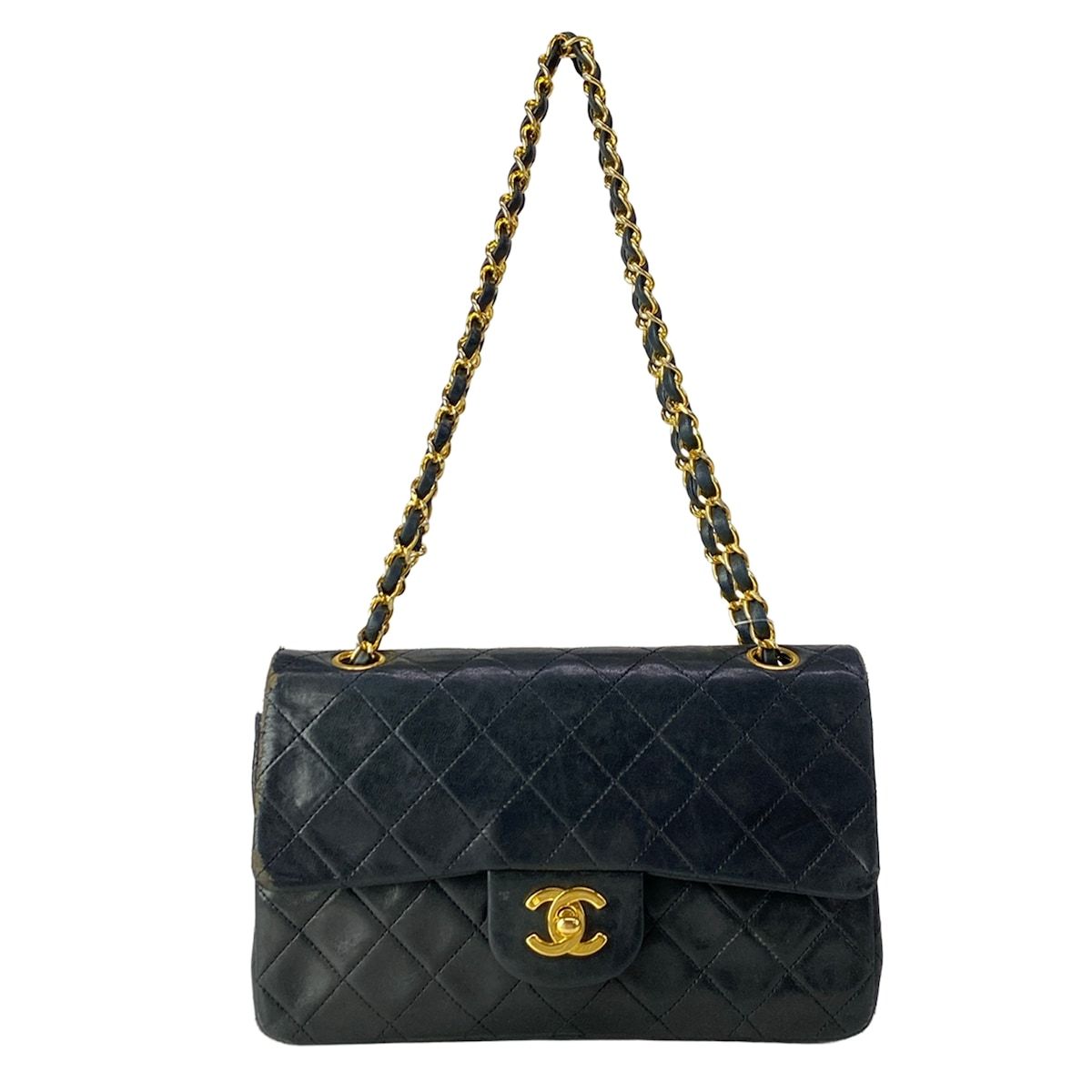 Chanel Shoulder Bag Double Flap Quilted Black Chain Gold Lambskin