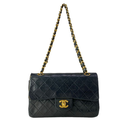 Chanel Shoulder Bag Double Flap Quilted Black Chain Gold Lambskin