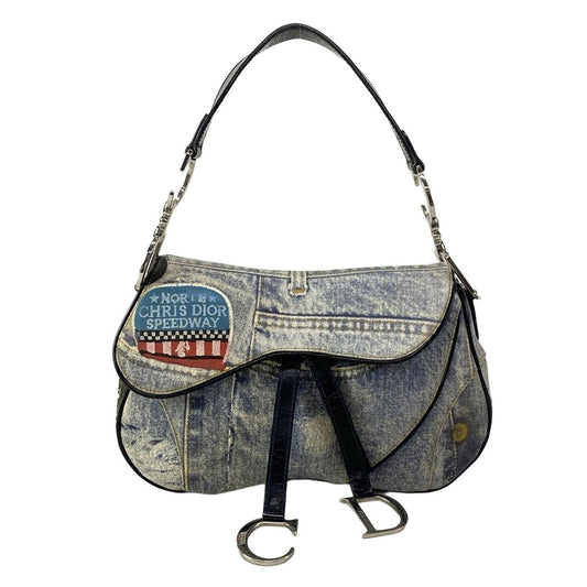 Dior Double Saddle Bag Light Blue Navy Denim Print Leather