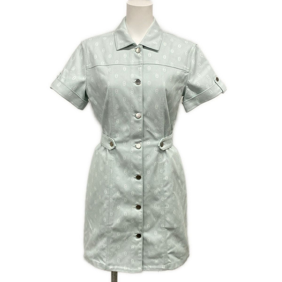 Hermes Dress 38 M Light Blue White Short Sleeve Chaine D'ancre Series Button
