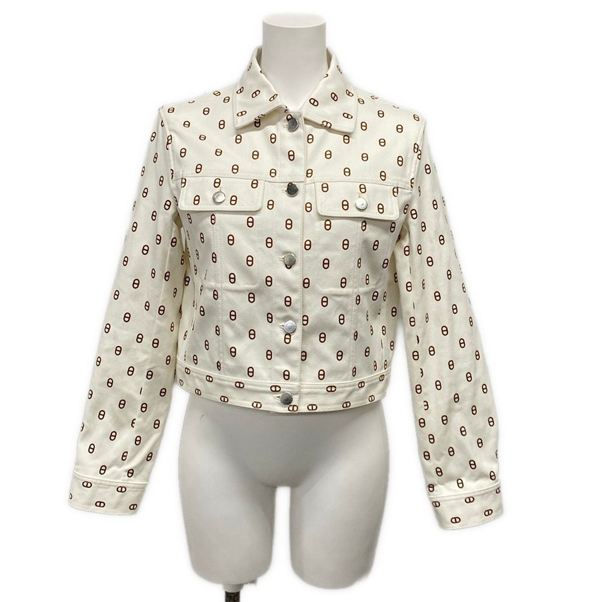 Hermes Jacket 38 M White Dark Brown Long Sleeve Chaine D'ancre Series Button