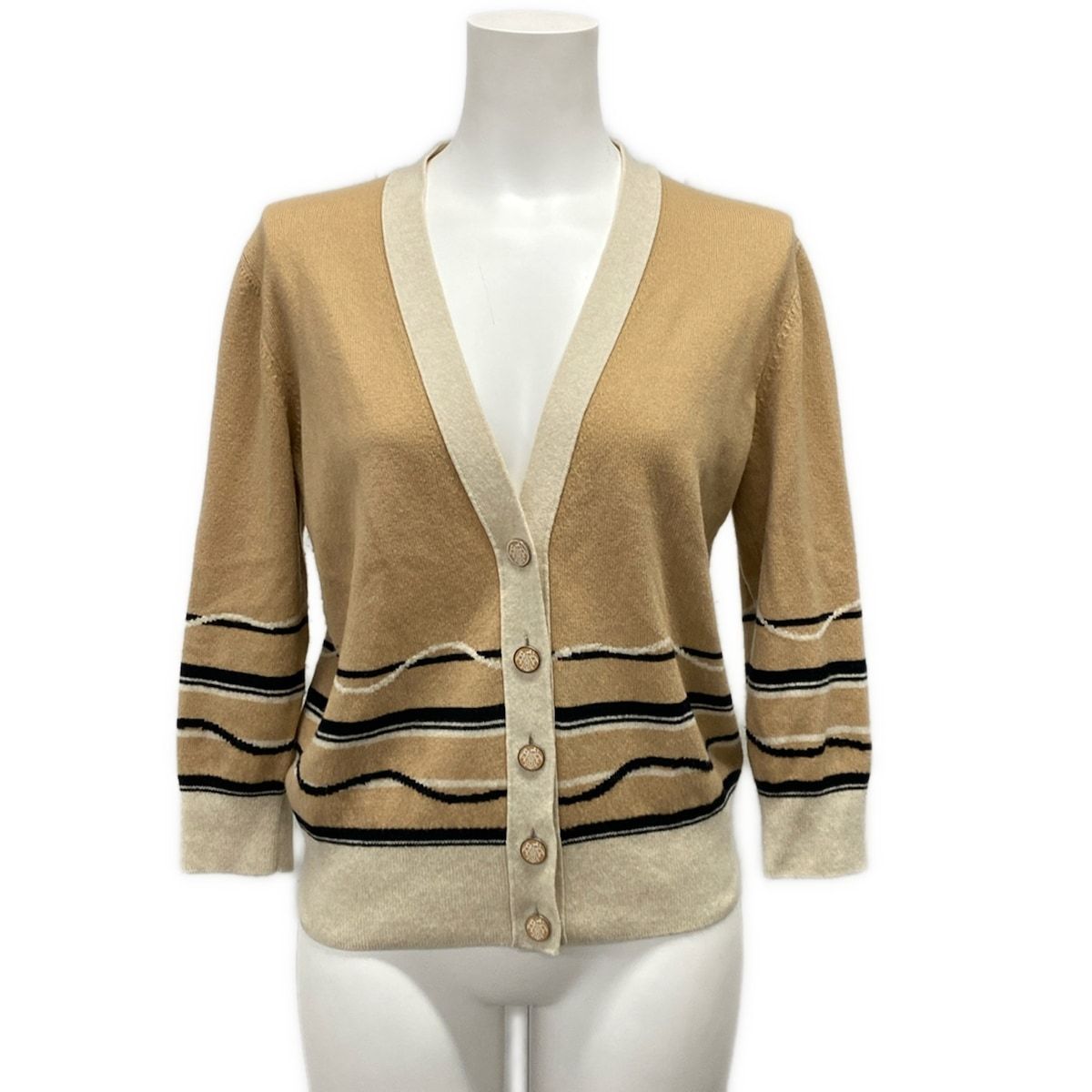 Hermes Cardigan 38 M Beige Black Ivory Long Sleeve Cashmere