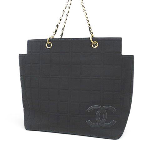 Chanel Choco Bar CC Logo Tote Chain Shoulder Black Leather Cotton Gold — view 2