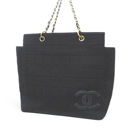 Chanel Choco Bar CC Logo Tote Chain Shoulder Black Leather Cotton Gold — view 2