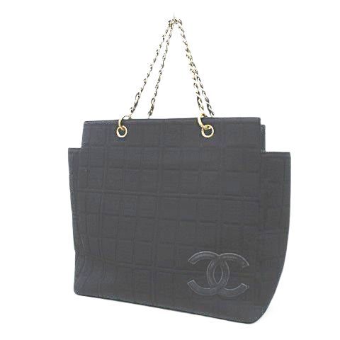 Chanel Choco Bar CC Logo Tote Chain Shoulder Black Leather Cotton Gold