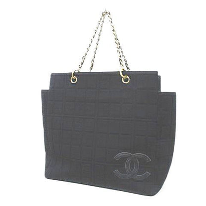 Chanel Choco Bar CC Logo Tote Chain Shoulder Black Leather Cotton Gold
