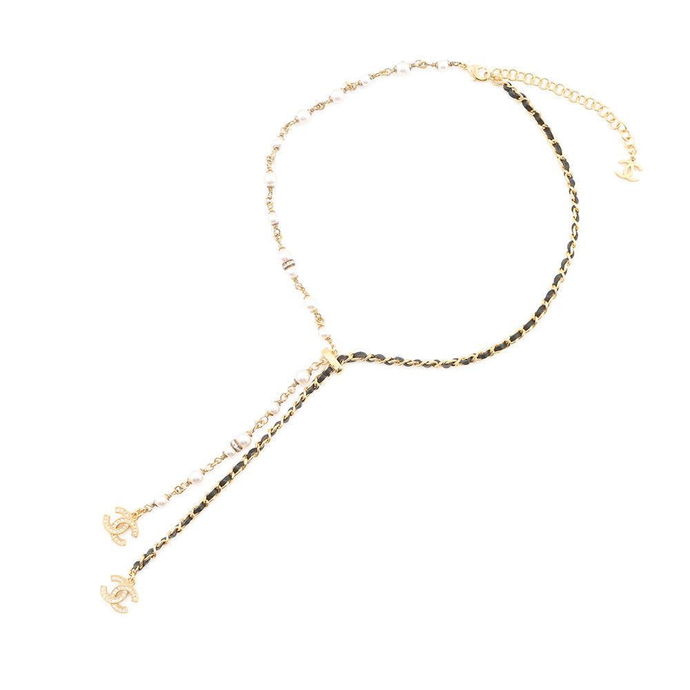 Chanel Necklace CC Logo Line Stone Faux Pearl