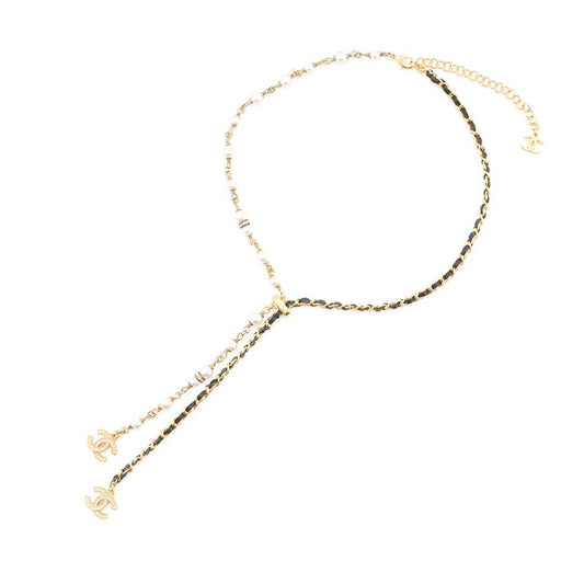 Chanel Necklace CC Logo Line Stone Faux Pearl