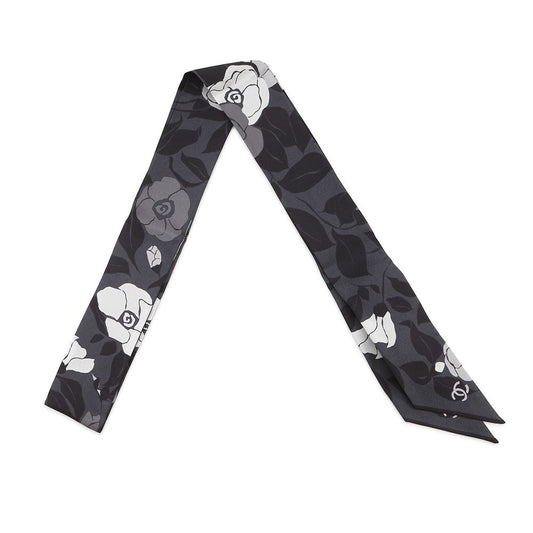 Chanel Scarf CC Logo Camellia All Over Pattern Silk Black
