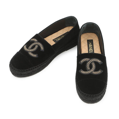Chanel Espadrilles CC Logo Flat Shoes Velvet Raffia 39c Slip on Black
