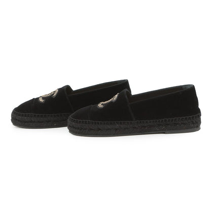 Chanel Espadrilles CC Logo Flat Shoes Velvet Raffia 39c Slip on Black — view 2
