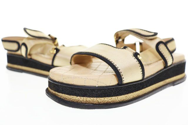 Chanel CC Logo Sports Sandals Satin Leather Beige