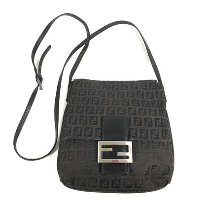 Fendi Shoulder Bag Zucchino Logo Leather Canvas Black