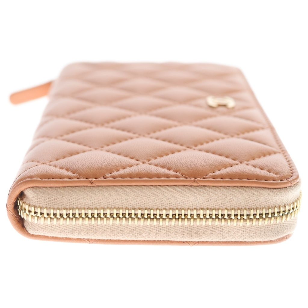 Chanel Quilted Zip Around Wallet Card Case Salmon Pink Orange Lambskin Gold — view 3
