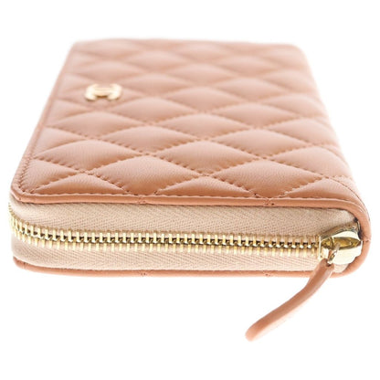 Chanel Quilted Zip Around Wallet Card Case Salmon Pink Orange Lambskin Gold — view 4