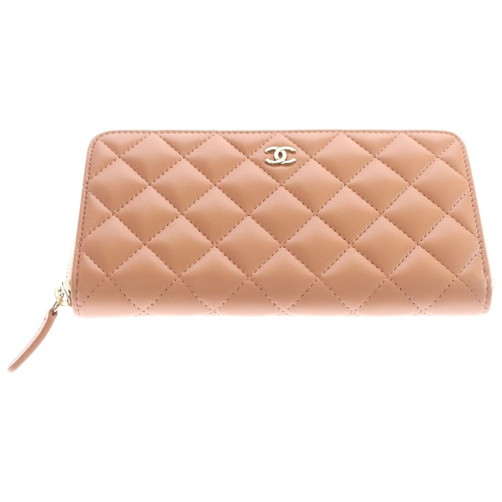 Chanel Quilted Zip Around Wallet Card Case Salmon Pink Orange Lambskin Gold