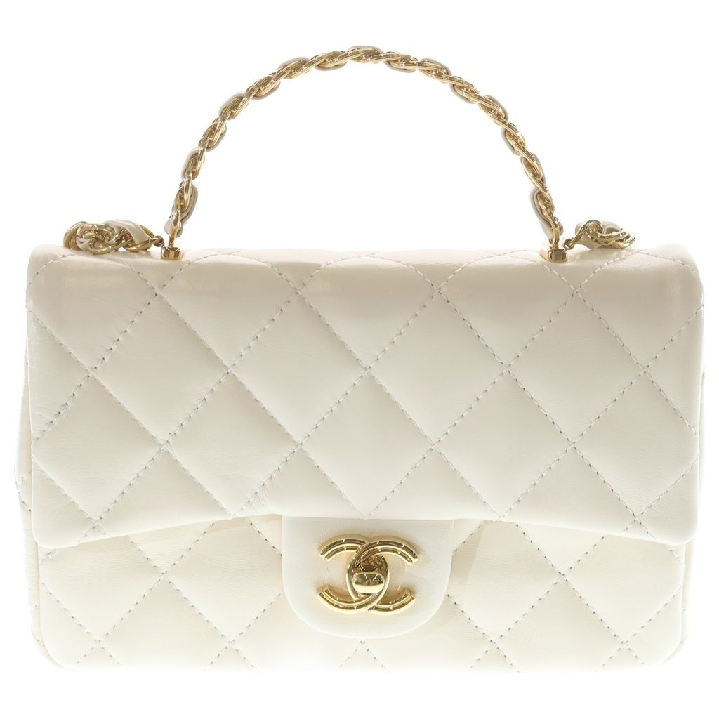Chanel Top Handle 2-Way Shoulder Bag Chain White Shiny Calfskin Gold