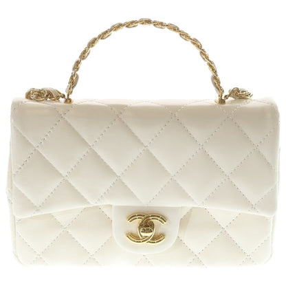 Chanel Top Handle 2-Way Shoulder Bag Chain White Shiny Calfskin Gold