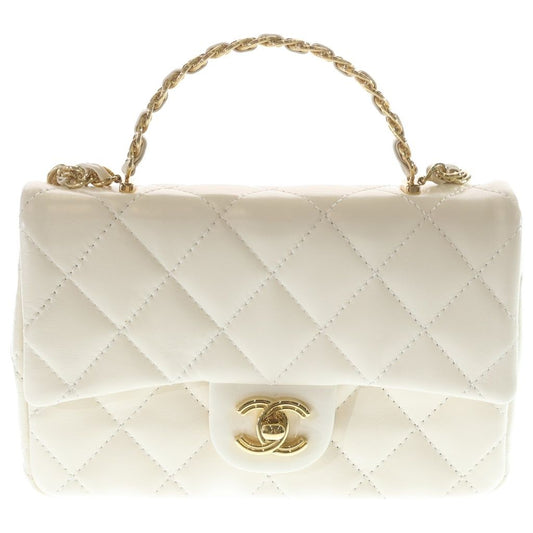 Chanel Top Handle 2-Way Shoulder Bag Chain White Shiny Calfskin Gold