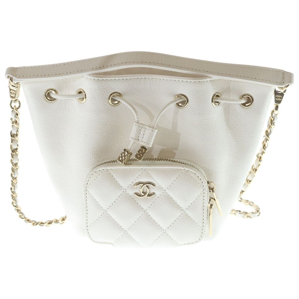 Chanel Quilted 2-Way Shoulder Bag Chain White Caviar Leather Gold