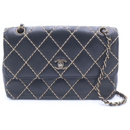 Chanel Quilted 25 Wild Stitch Chain Shoulder Bag Black Leather Gold