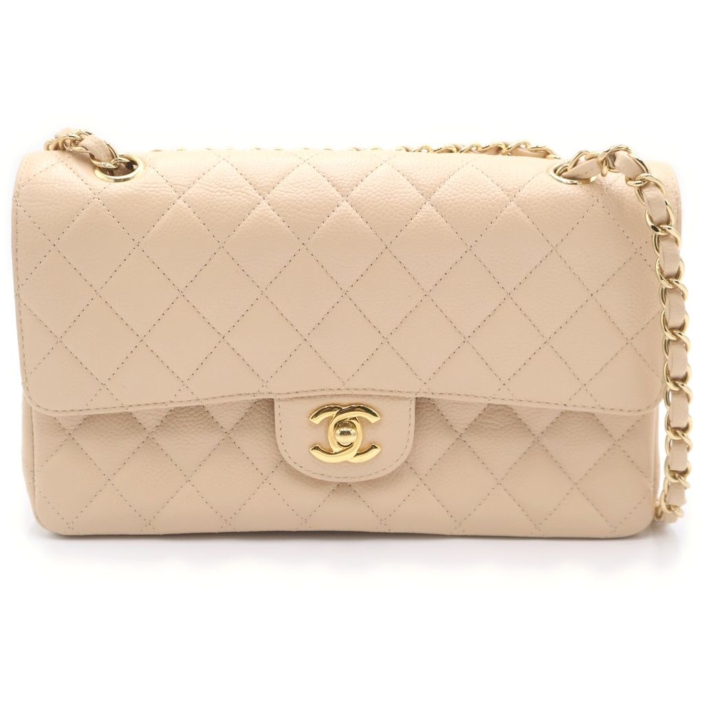 Chanel Quilted 25 Double Flap Chain Shoulder Bag Beige Caviar Leather Gold