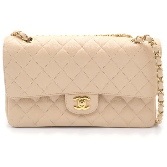 Chanel Quilted 25 Double Flap Chain Shoulder Bag Beige Caviar Leather Gold