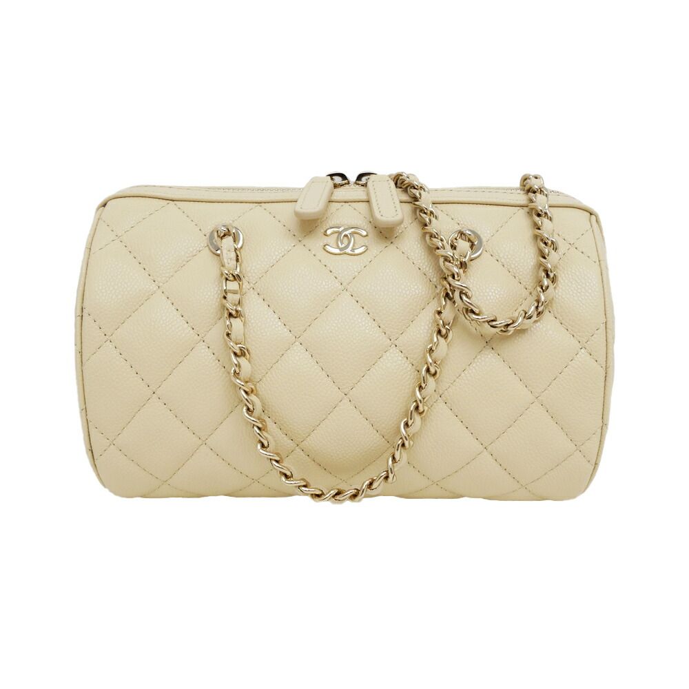 Chanel Mini Boston Chain Shoulder Bag Caviar Leather Beige Gold