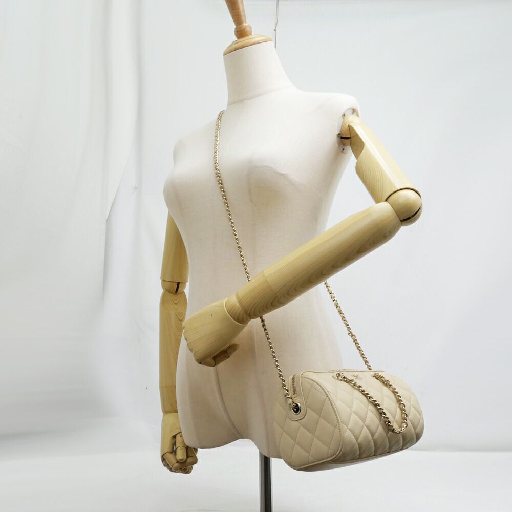 Chanel Mini Boston Chain Shoulder Bag Caviar Leather Beige Gold — view 9