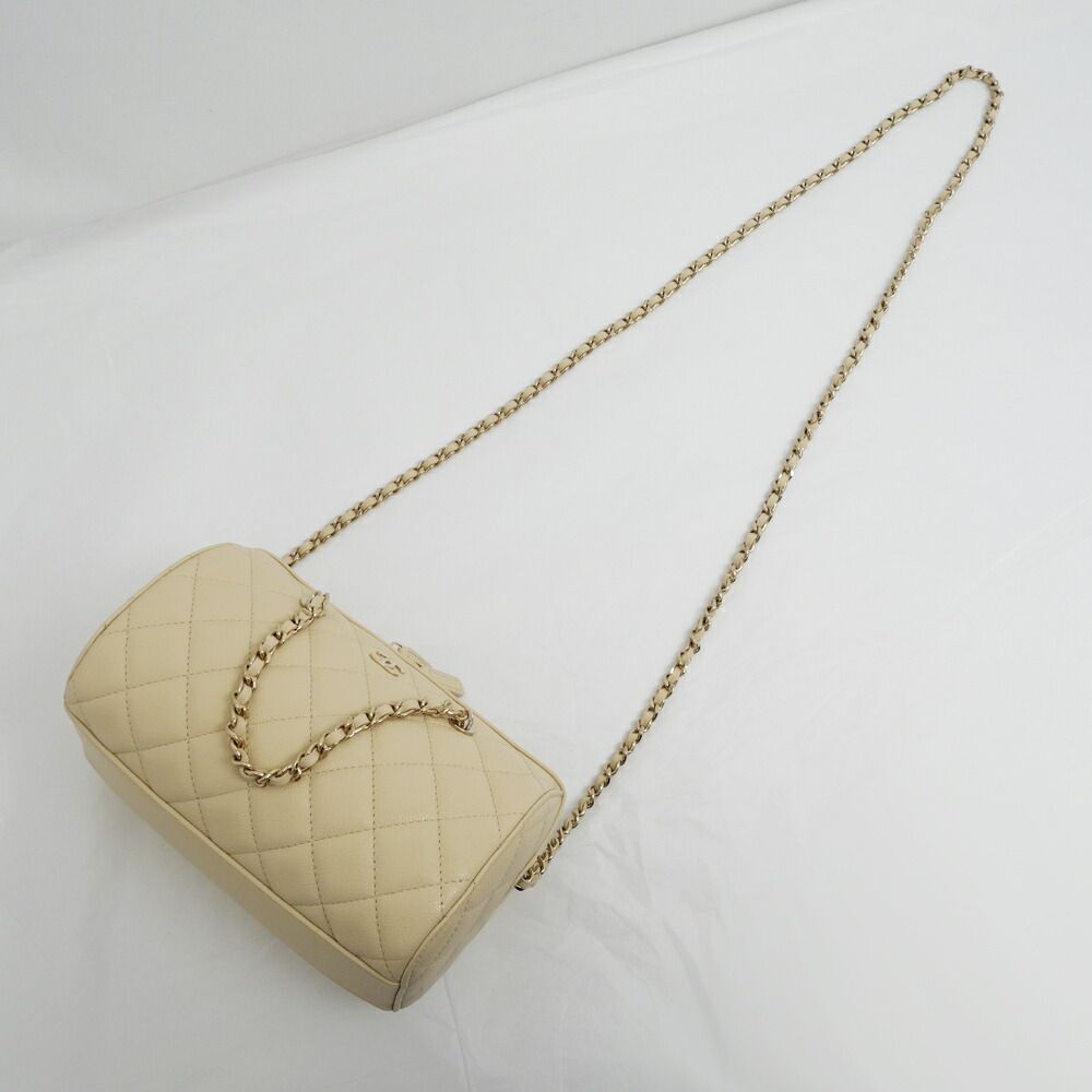 Chanel Mini Boston Chain Shoulder Bag Caviar Leather Beige Gold — view 8