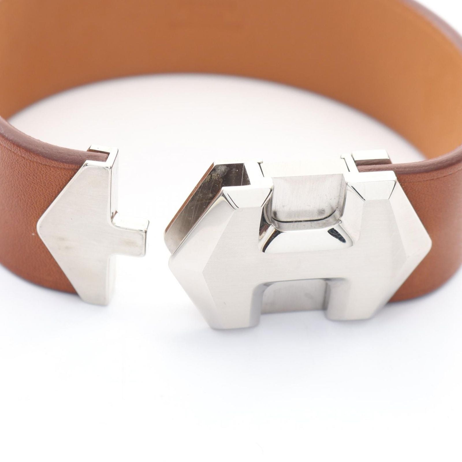 Hermes Bangle Super Brown Silver Stainless Steel Leather Bracelet — view 3