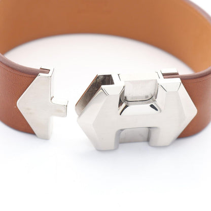 Hermes Bangle Super Brown Silver Stainless Steel Leather Bracelet — view 3