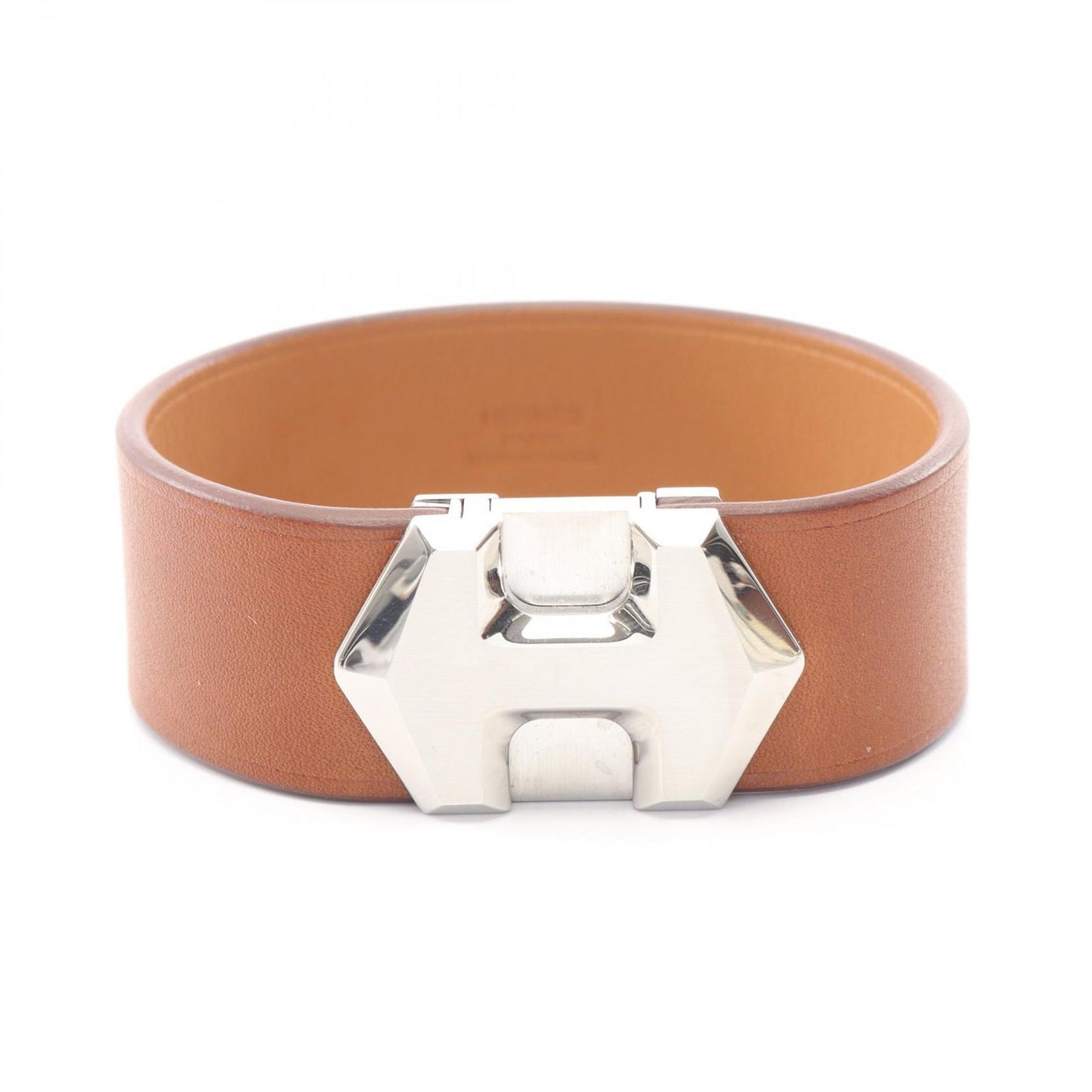Hermes Bangle Super Brown Silver Stainless Steel Leather Bracelet