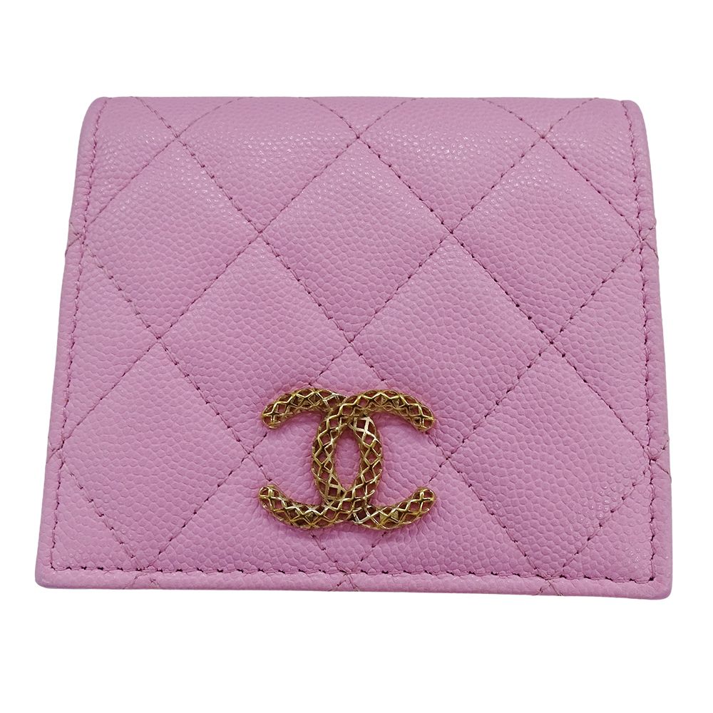 Chanel Wallet Bifold Caviar Leather Quilted Pink Green Gold CC Logo Compact