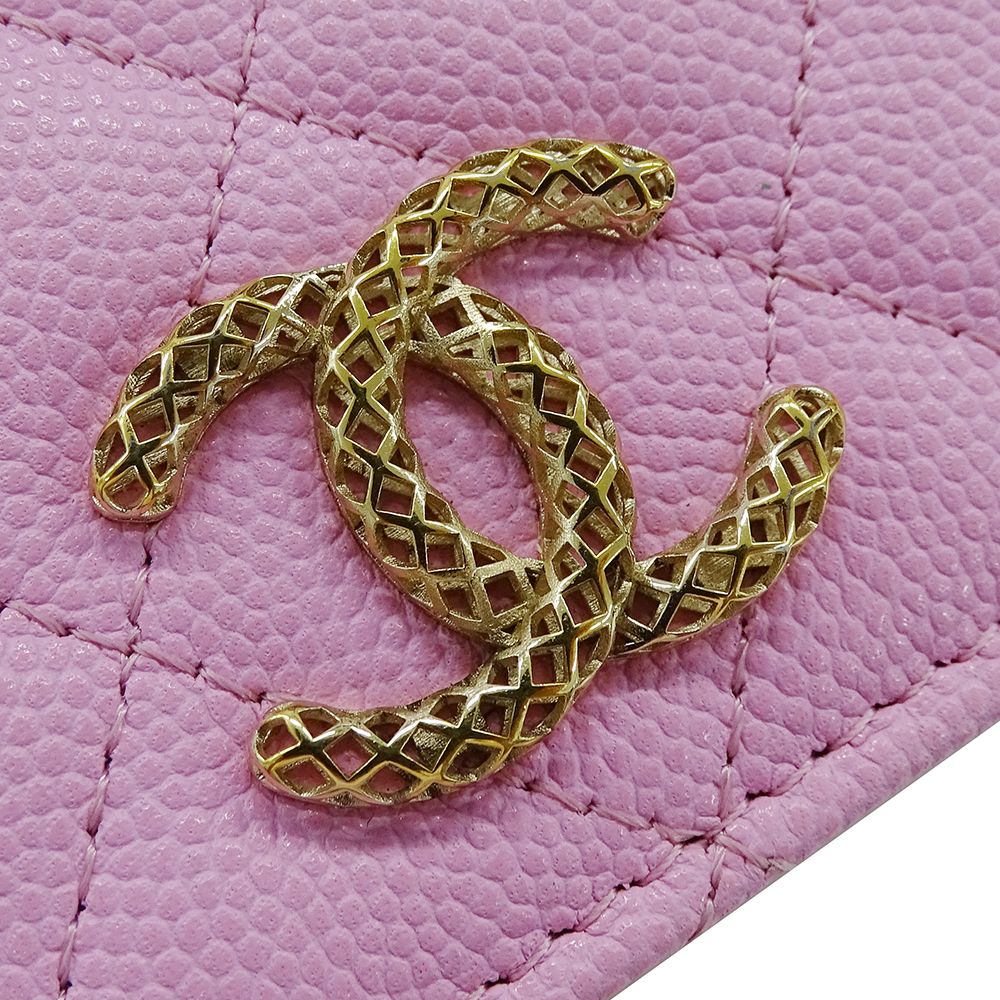Chanel Wallet Bifold Caviar Leather Quilted Pink Green Gold CC Logo Compact — view 4