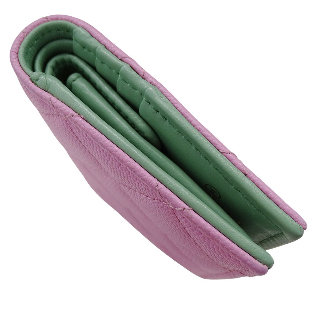 Chanel Wallet Bifold Caviar Leather Quilted Pink Green Gold CC Logo Compact — view 3