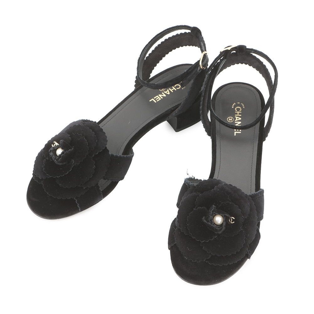 Chanel Sandals CC Logo Camellia Heels Velvet 39c Shoes Black