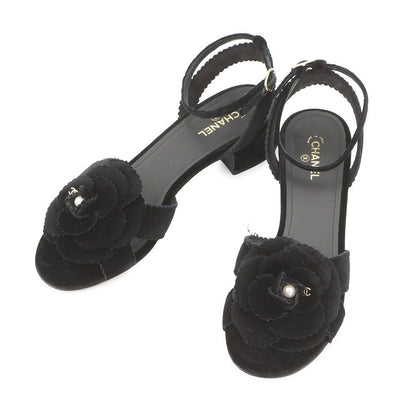 Chanel Sandals CC Logo Camellia Heels Velvet 39c Shoes Black